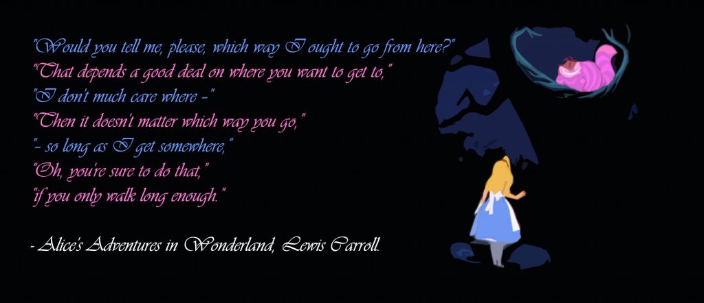 Alice in wonderland asking cheshire cat where to go